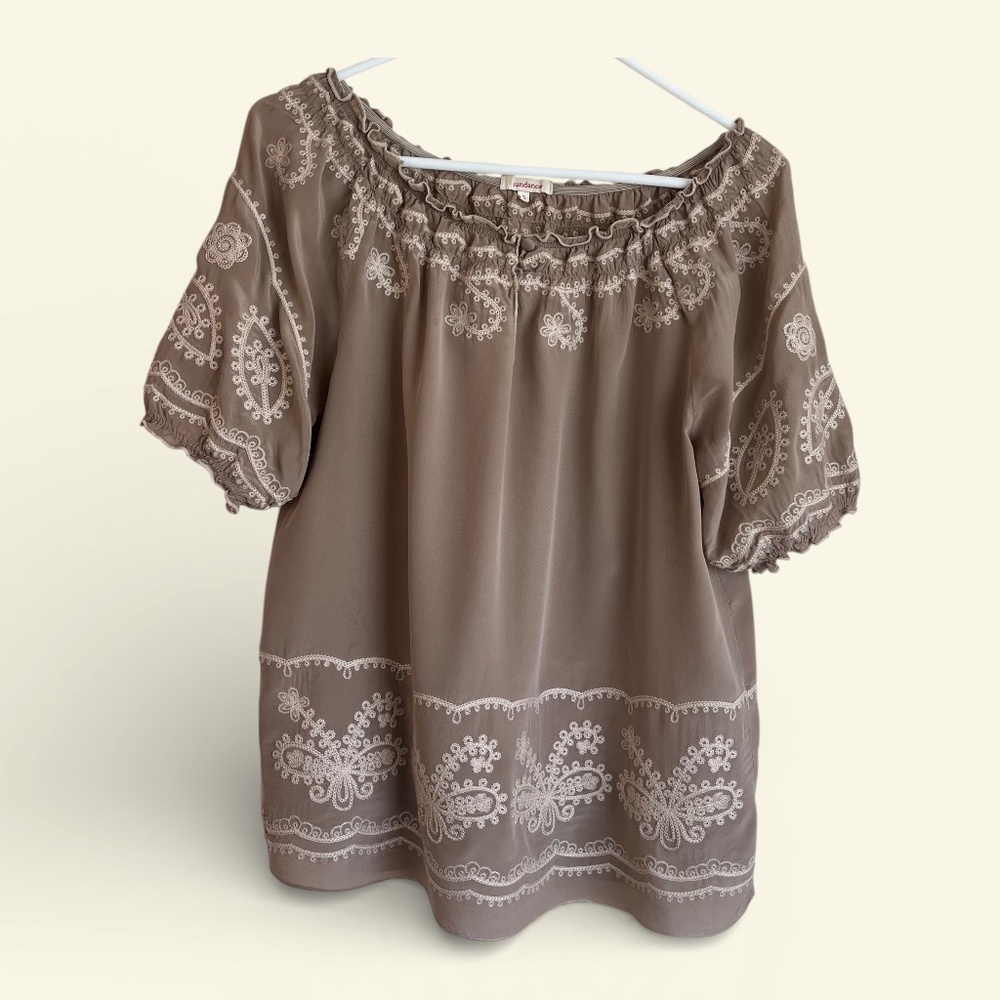 Sundance Silk Brown Embroidered Boho Blouse Size Small